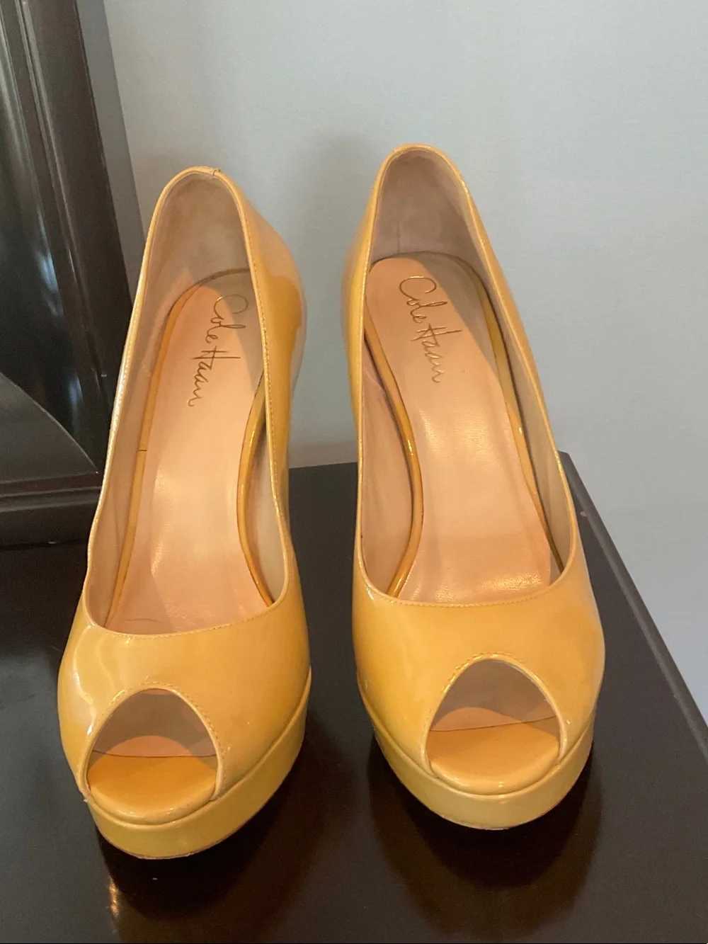 Cole Haan Tan Patent Peep-Toe Platform Pumps